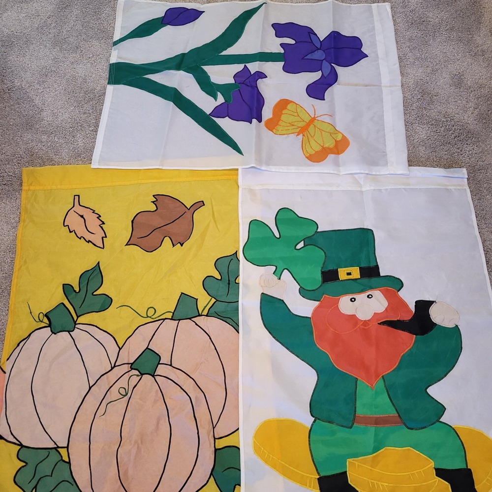 Holiday Garden Flags Lot Seasonal Leprechaun Pumpkin Iris‎ Butterfly Decor READ